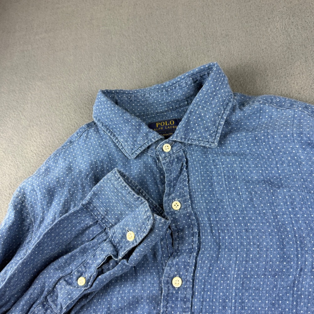 Polo Ralph Lauren Linen Shirt Men's XL Blue Polka Dot Button Up Lightweight Prep